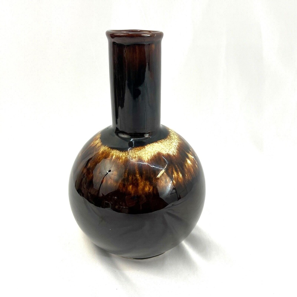 Vintage Brown Drip Glaze Vase Unbranded Round Bottom Cylinder Shaped Top